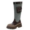 Mid Calf Denim Boots Women  Autumn Retro Chunky Platform Long Boots Woman Slip On Thick Heels Cargo Boots Pocket Decor
