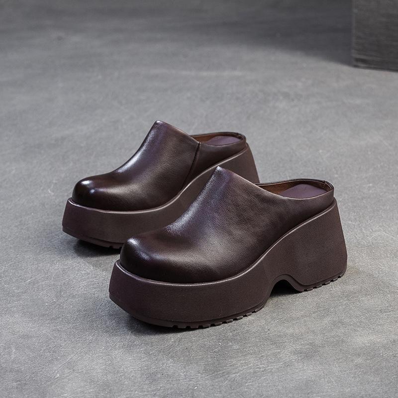 Johnature Тапочки на толстой танкетке с толстой подошвой из натуральной кожи в стиле ретро, однотонные женские туфли на платформе