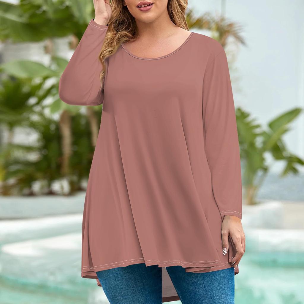 Women's Fashion Large Size Round Neck Long Sleeve Casual Solid Color Loose Pullover Top
