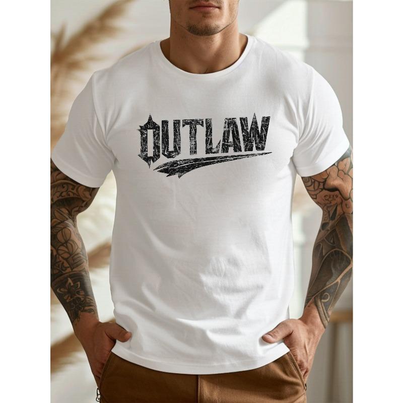 Европейские размеры Мужская летняя футболка, OUTLAW Дерзкий смелый шрифт Графический принт Футболки с коротким рукавом, Модные повседневные топы для повседневной жизни