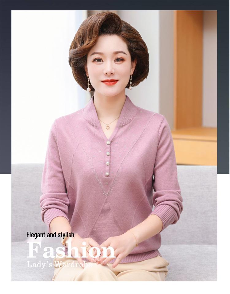2023 Autumn/Winter New Arrival: V-Neck Knitted Sweater for Middle-Aged & Elderly Women - Fashionable, Long Sleeve, Plus Size, Loose Fit Mother's Wear