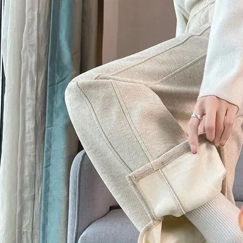 Брюки для женщин Эластичные с высокой талией Длинные брюки Большого размера Утепленные Эластичные Однотонные Универсальные Повседневные Брюки с широкими штанинами Брюки