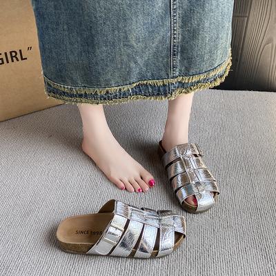 Офисные тапочки женские, летние, новые, с закрытым носком, черные, серебристые, женские полузакрытые повседневные сандалии, женская обувь Zapatos Mujer