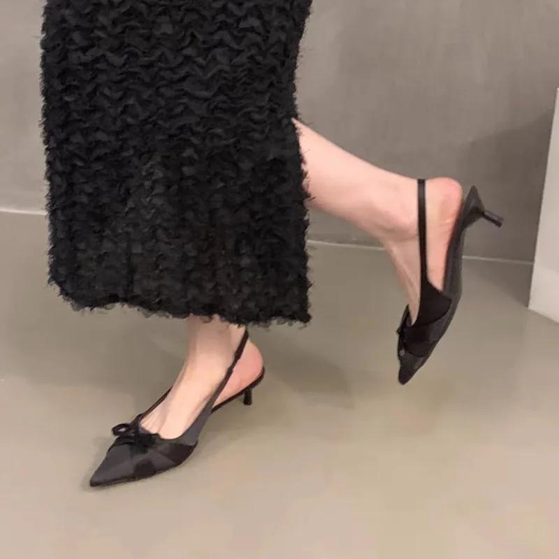 2025 Летние женские слингбэки с бантом, туфли на высоком каблуке с острым носком, слипоны, сандалии на тонком каблуке, туфли-лодочки для платья больших размеров для женщин