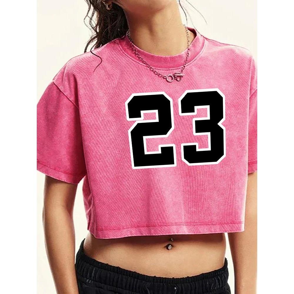 23 Letterprinting Female Washed Short Tshirts Breathable Casual Summer Clothes Distress Vintage Midriff-Baring T-Shirt Women