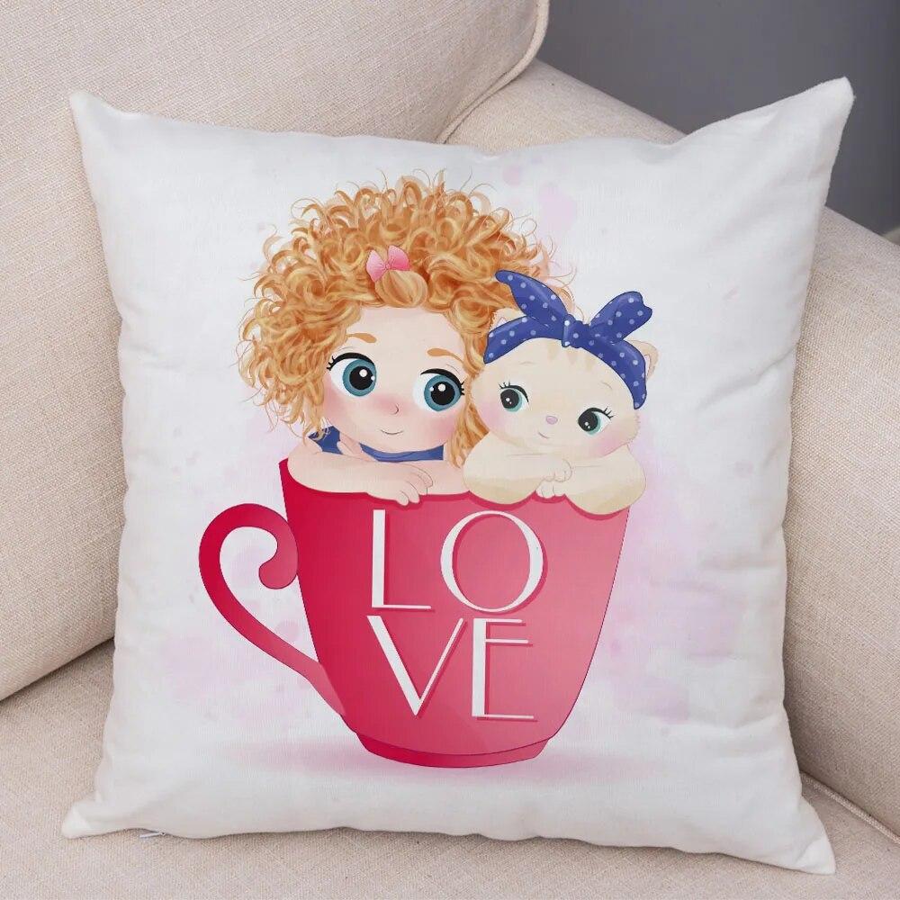 Children's Room Sofa Home Pillowcase Cute Cartoon Girl and Cat  Decoration  Animal Cushion Cover