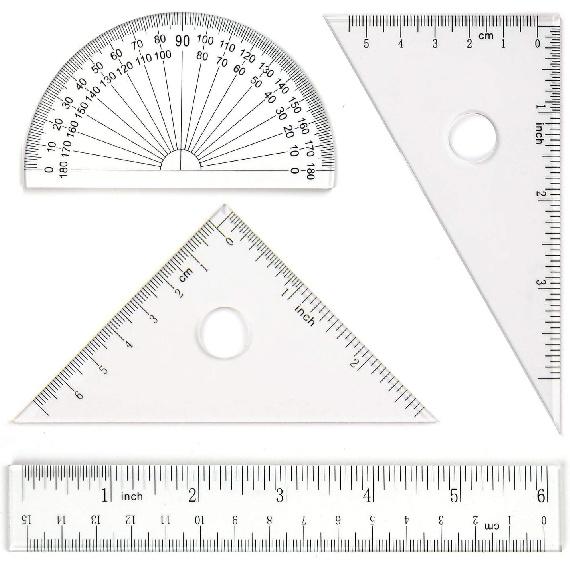 Coopay 4 Pieces Math Geometry Tool Set Includes Plastic Clear Ruler, Protractor, Triangle for School Office Home Supplies (6 inch)