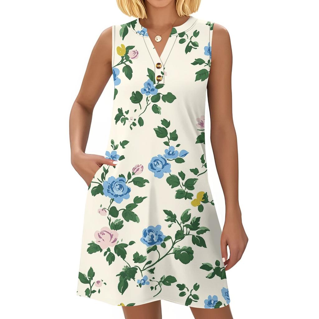 Ladies' Fashionable Floral Patchwork Printed V-neck Button-down Pocket Vest Dress, Beach Vacation Summer Dress