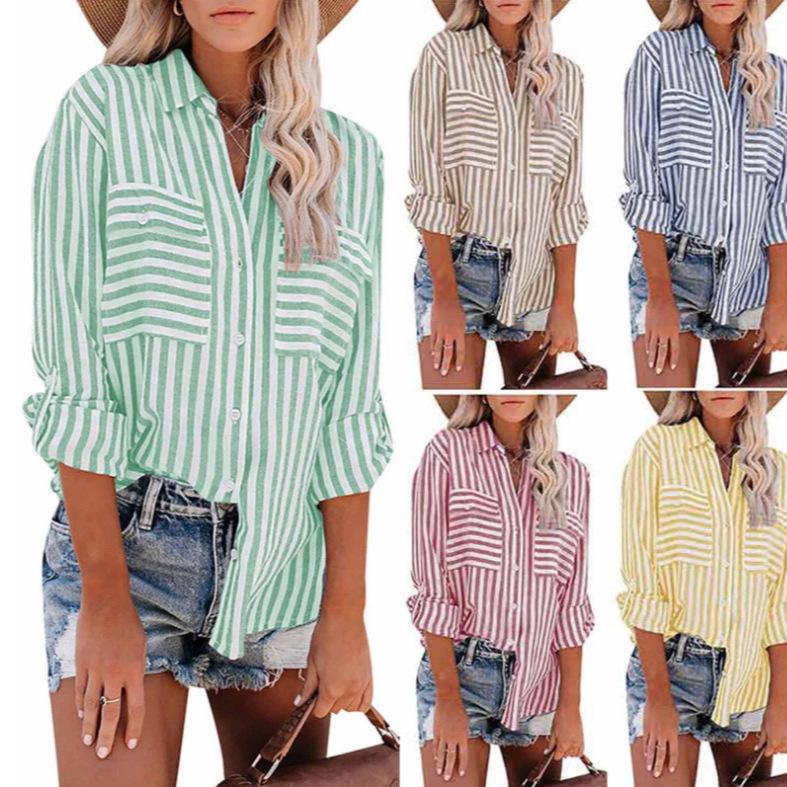 2024 Spring/Summer Women's Striped Cotton-Polyester Long-Sleeve Shirt