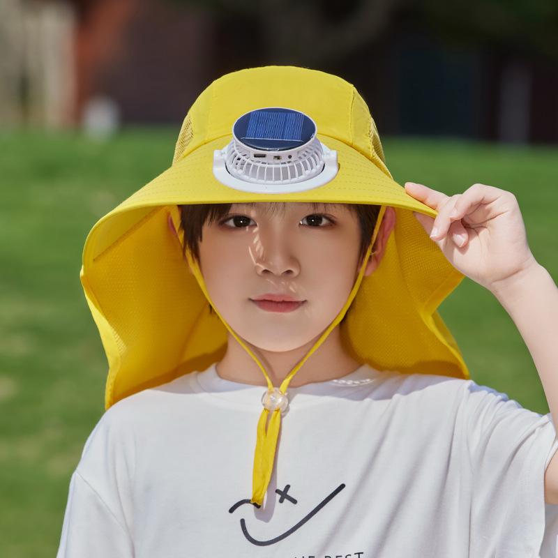 Solar Fan Hat Summer Boys and Girls Sunshade Sunscreen Hat Outdoor Outing Big Brim Shawl Neck Protector Bucket Hat