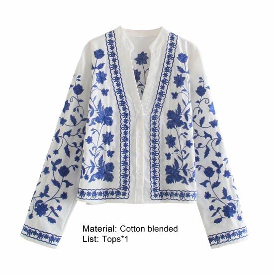 Рубашка с v-образным вырезом и длинным рукавом, однобортная женская блузка с цветочной вышивкой для свиданий