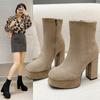 Super High Heel Fashion Boots Autumn and Winter New European and American Style Waterproof Table Square Head Short Boots Suede Thick Heel Martin Boots