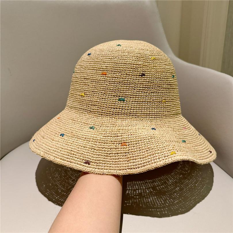 Ins Chic Summer Colored Square Stitching Decorat Natural Raffia Grass Sunshade Lady Bucket Cap Women Leisure Hat