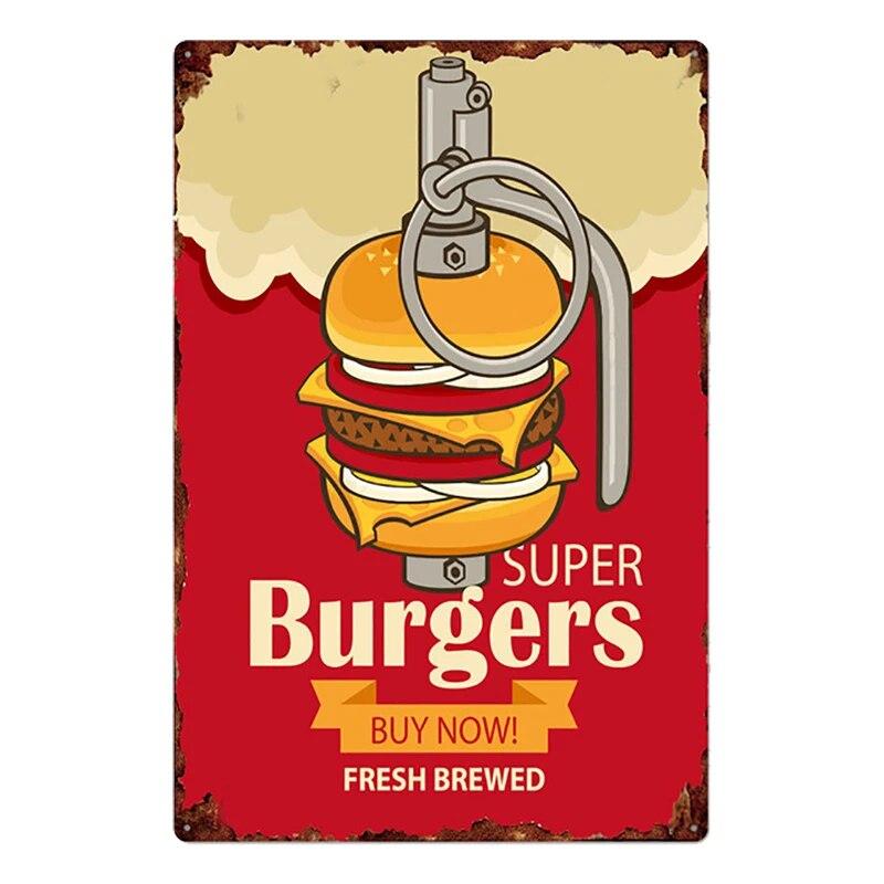 Hamburger Metal Tin Sign Plaque Vintage Burgers and Fries Metal Plate Poster Kitchen Restaurant Shop Wall Decor