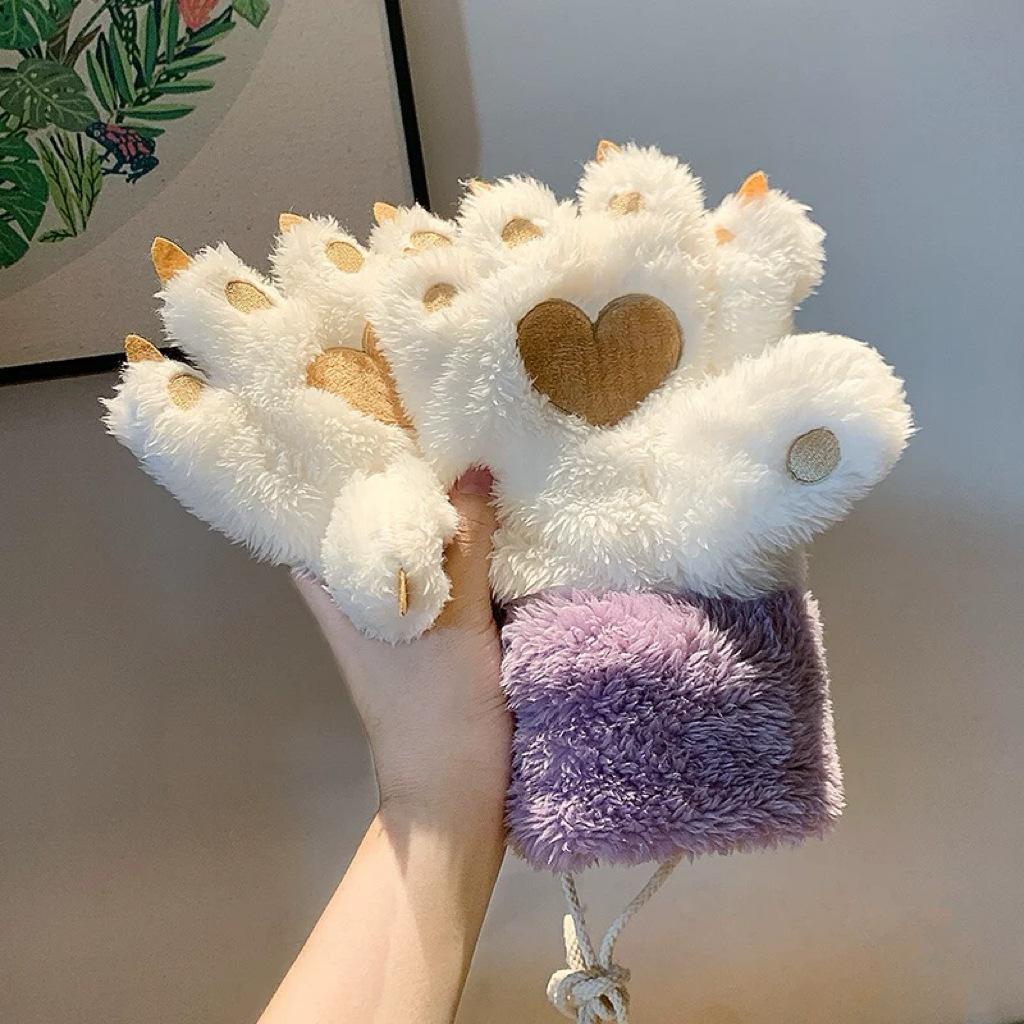Women's Gloves Women's Winter Velvet Thickened Gloves Warm Neck Riding Gloves Cute Fluffy Bear Paw Cat Claw Gloves