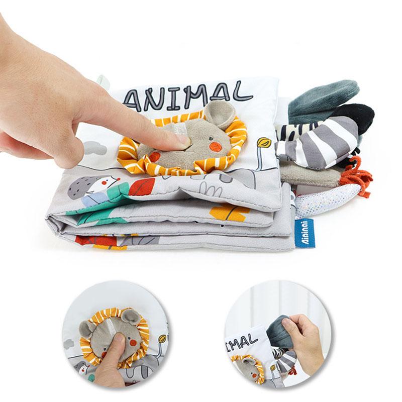 Мультяшная визуальная серо-белая хвостовая тканевая книга для малышей, раннее развитие, трехмерная познавательная игрушка-пазл