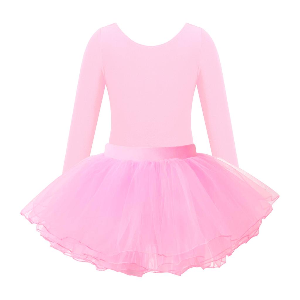 Girls Ballet Dance Wear Long Sleeve Round Neck Leotard Elastic Waist Tutu Layered Skirt Performance Outfit