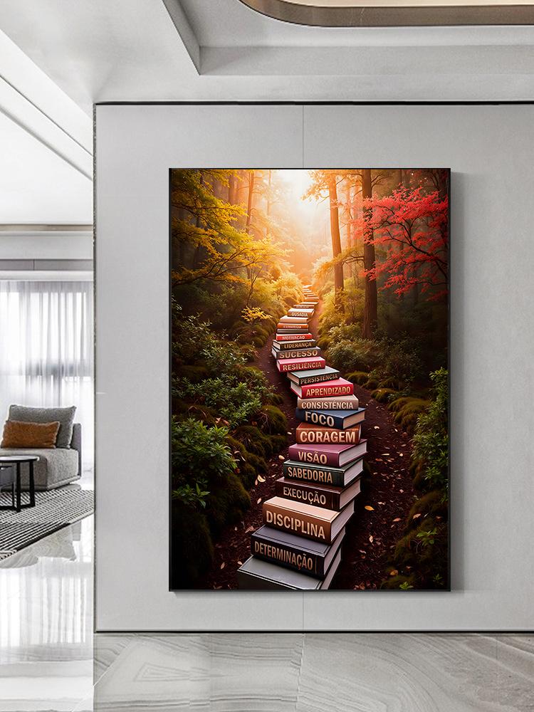 Magic Book Staircase Canvas Painting Autumn Forest Posters and Prints Wall Art for Living Room Office Decor No Frame