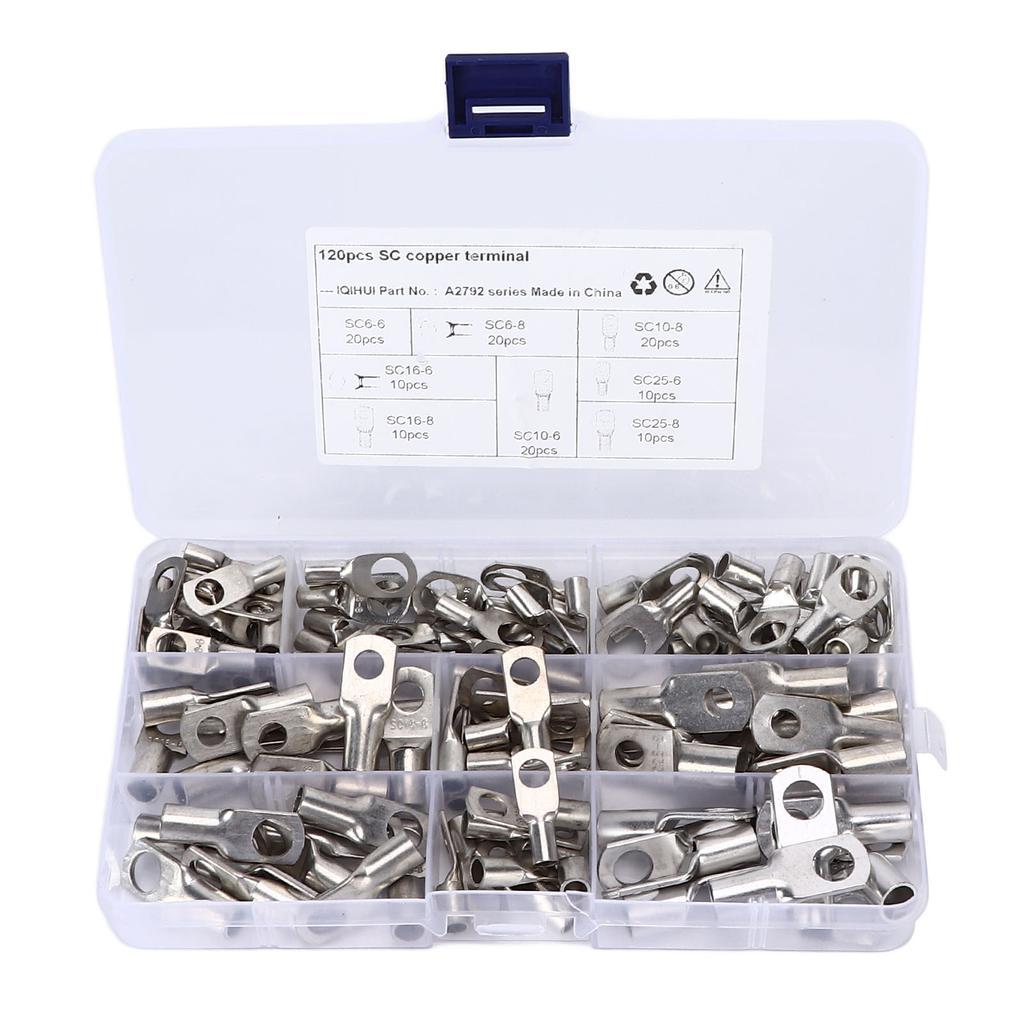 120pcs Battery Crimp Terminals 8 Sizes Copper T2 Tinned SC Wire Ring Connector for Marine Automotive