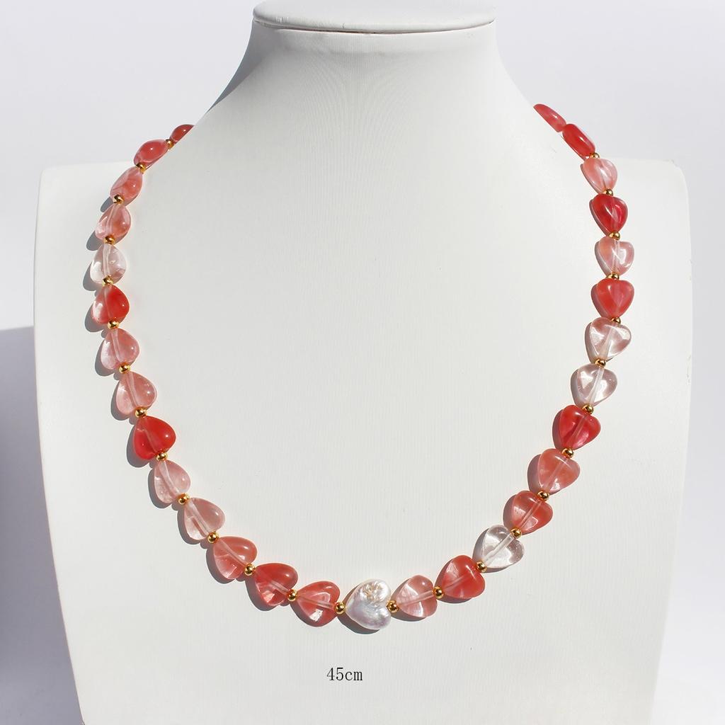Light Luxury Niche Design Colored Natural Stone Love Beaded Necklace Women'S Peach Heart Baroque Pearl Collarbone Chain 674