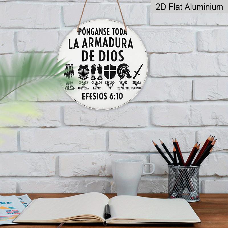 2D Flat, 1pc 7.87*7.87 Inch Round Spanish Aluminum Sign, a Vintage Decorative Plaque About "The Armor of God" from Ephesians 6:10. Suitable for