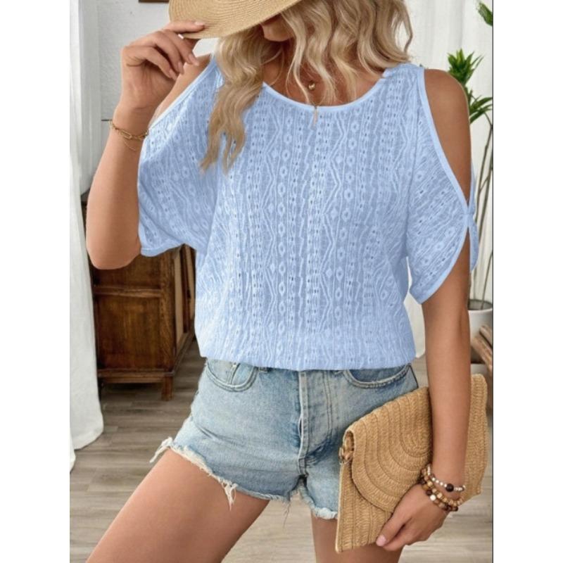 Весна и Лето Однотонный Топ с Открытыми Плечами и Вырезами, Рукав Летучая Мышь, Женские Футболки