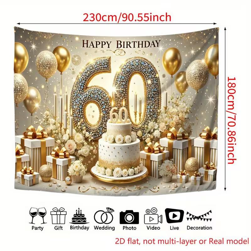 2D Gold Glitter 60th Birthday Backdrop Banner Luxury Diamond Themed Party Decor Background