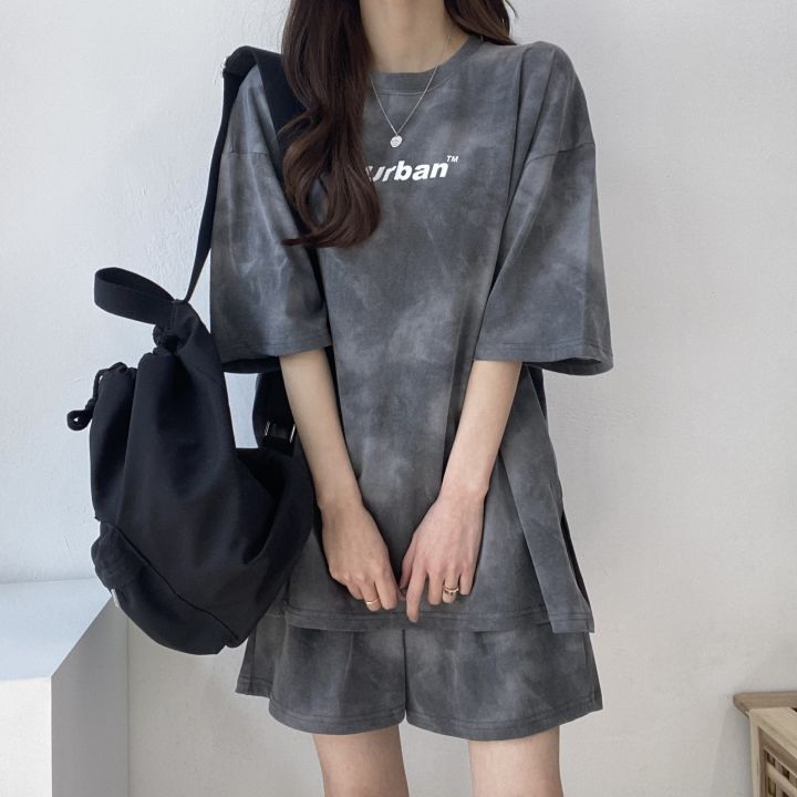 Женский модный спортивный костюм из 2 шт., окрашенный в галстук, повседневный свободный комплект с футболкой и шортами, летний спортивный костюм, костюм для отдыха