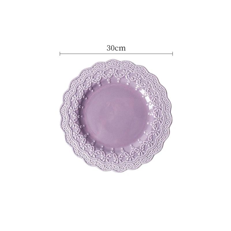 Модная рельефная обеденная тарелка в стиле ретро, фиолетовые креативные керамические тарелки, глубокая суповая миска, салатницы, бытовая утварь