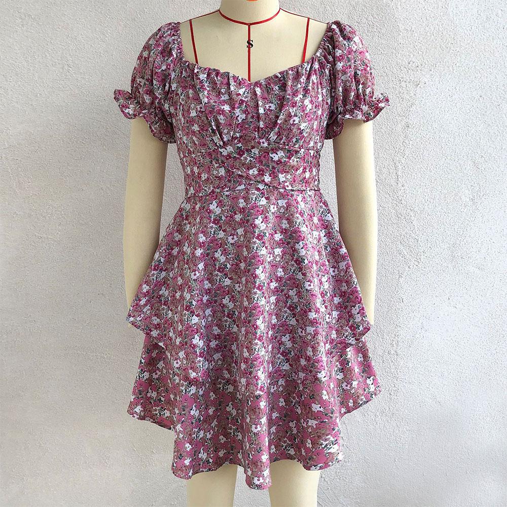 Aboe до колена с короткими пышными рукавами женское весенне-летнее платье трапециевидной формы с разрезом на шее, высокой талией, тонкое, с каскадными рюшами и цветочным принтом, S-XL