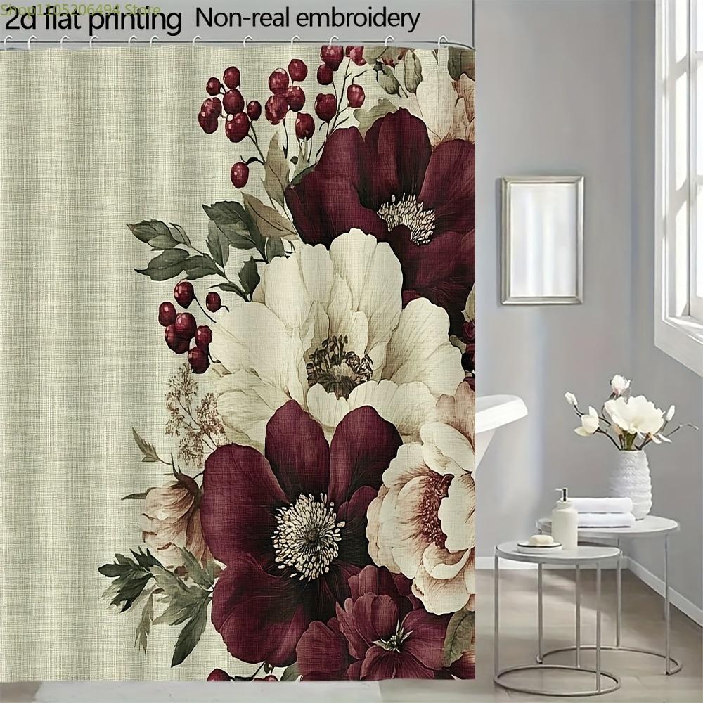 1 шт. 71x71 дюйм Цветочная шторка для душа - Большие бордовые и кремовые цветы с зелеными листьями, Полиэстер, стираемый в машине, Элегантная B