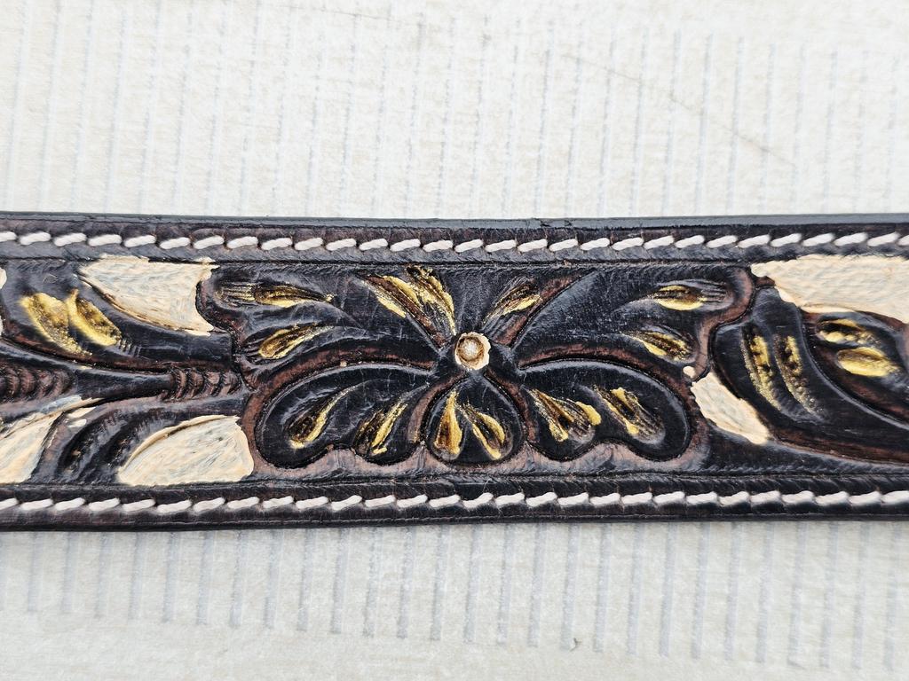 Hand Tooled Black Leather Cowboy Belt – Floral Carved Western Rodeo Belt – Full Grain Handmade Ranch Men’s Outfit