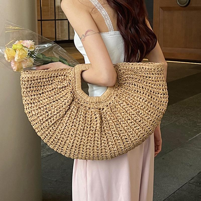 Woven Straw Bag Moon Large Capacity Purse and Handbag For Women Beach Basket Bags Fashion Travel Shoulder Shopper Totes