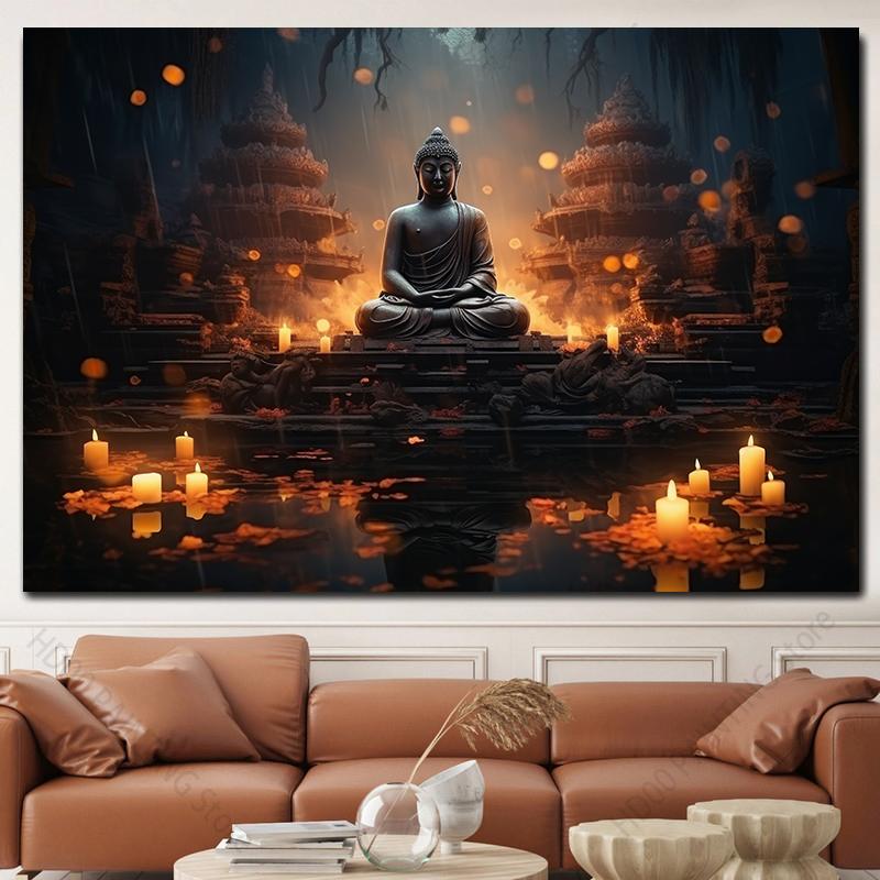 Buddha Statue Canvas Painting Buddah Statue and Candles Posters and Prints for Living Room Religious Wall Decor Unframe