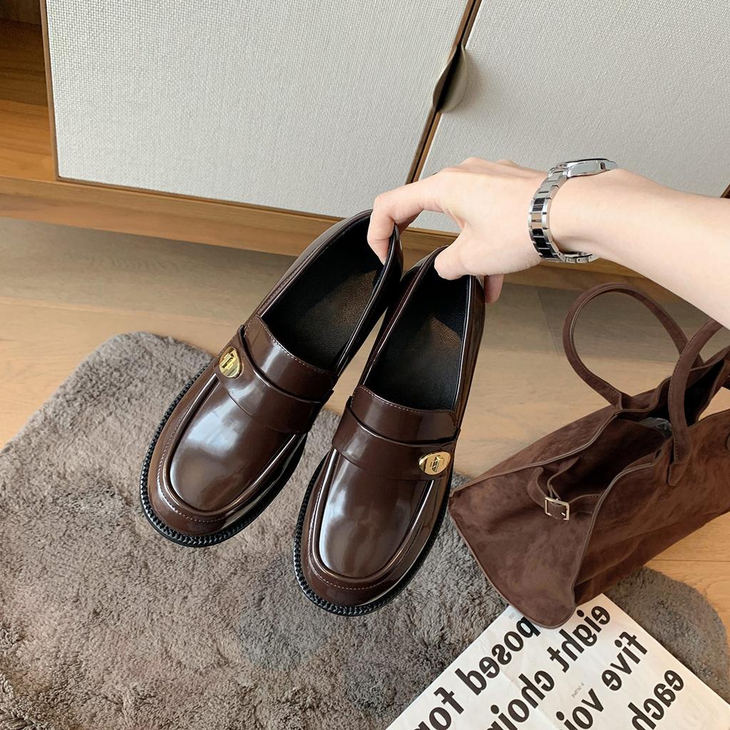 Cowhide Version~ Small Leather Shoes British Style Women's High Versatile Round Head Gold Buckle One Pedal Thick Heel Loafers Uniform Single Shoes
