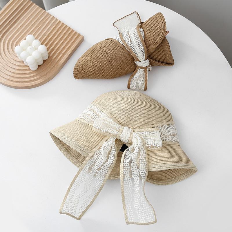 French sweet lace bow bucket hat women's summer sunshade streamer straw hat seaside vacation beach sun hat