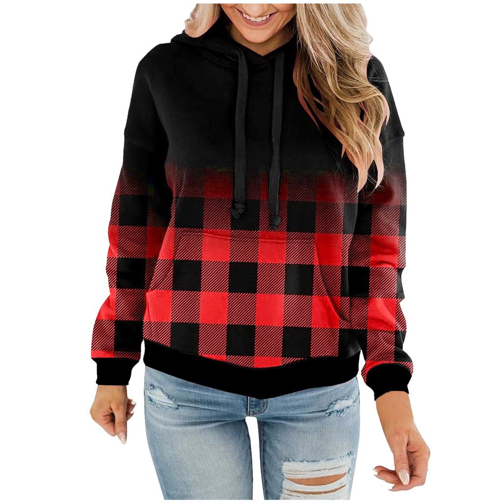 Ladies Hooded Plaid Print Long Sleeve Sweatshirt Loose Women Drawstring Sweatshirt
