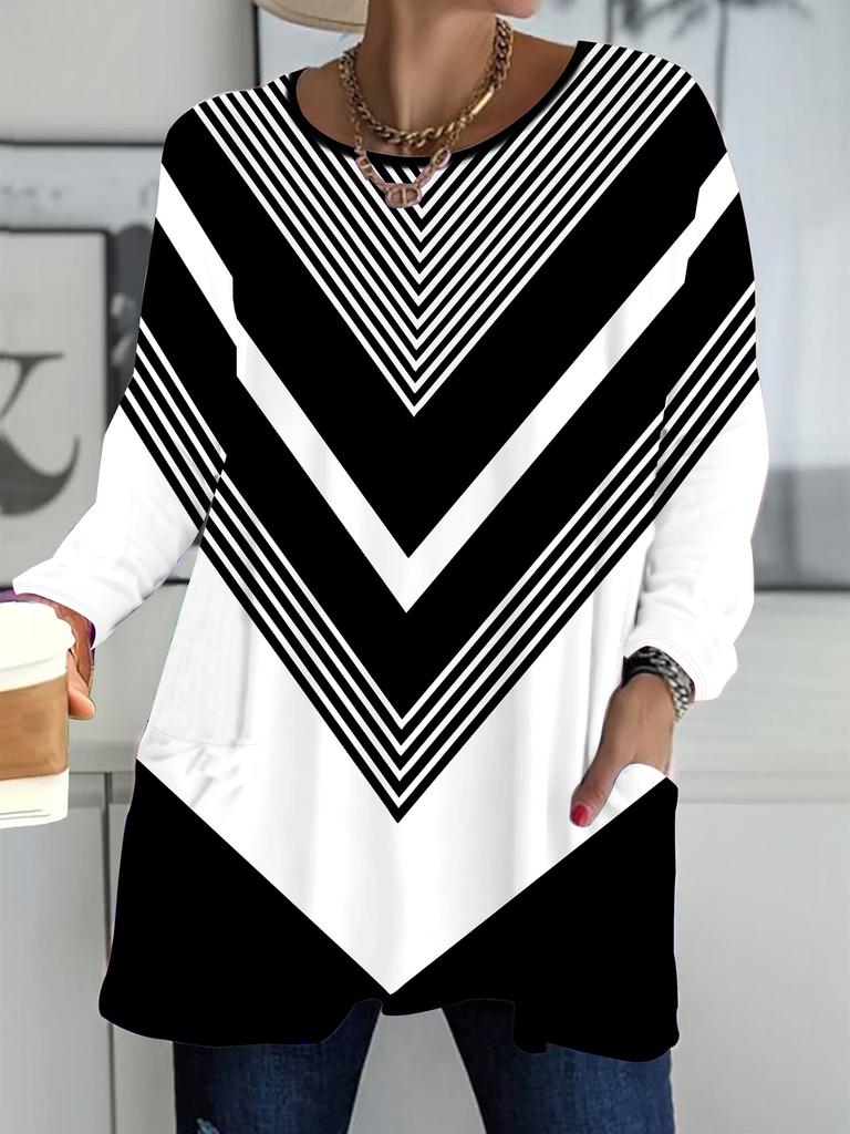 2025 Autumn Winter New Plus Size Women's Tops, Minimalist 3D Print Fashion Crew Neck Long Sleeve T-Shirts