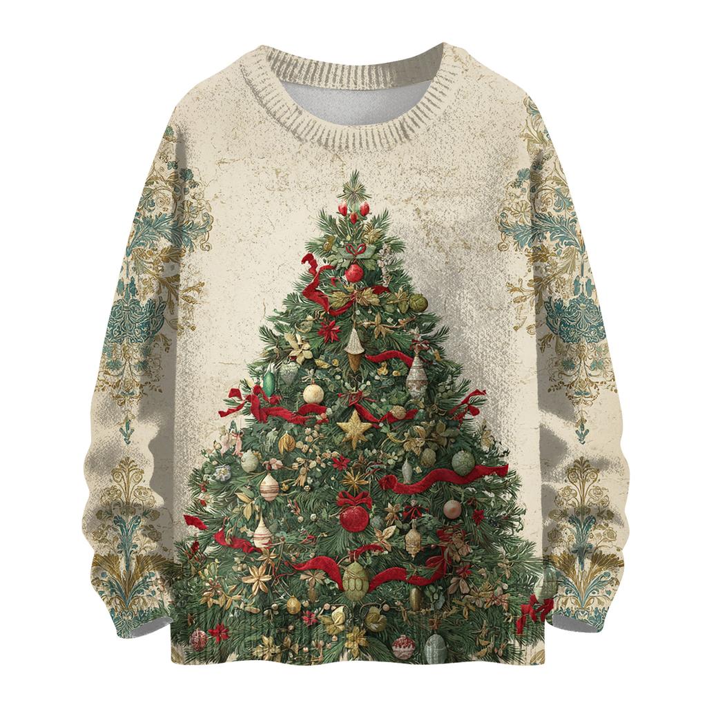 Ladies' Fashionable Casual Long Sleeved Christmas Printed Round Neck Knitted Yarn