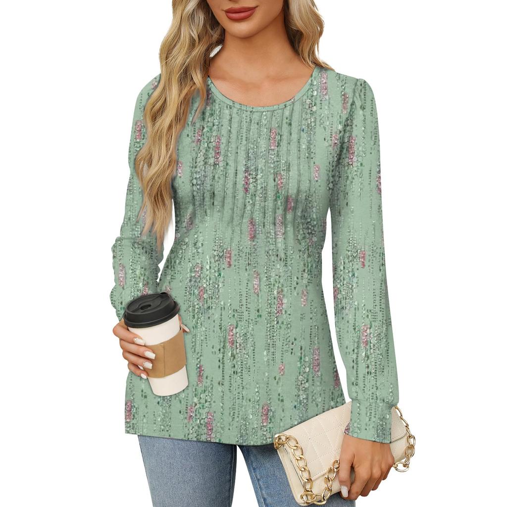 Women's Casual Top Gradient Printed Round Neck Long Sleeved Pleated T-shirt