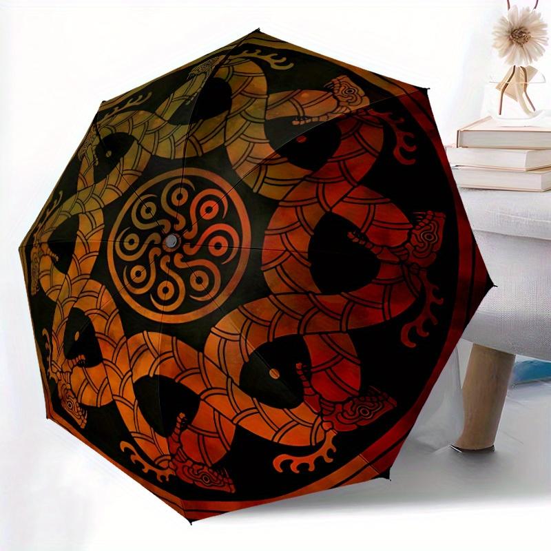 1pc Serpent Mandala Automatic Open/close, Heavy-Duty Iron Frame & 8-Rib structure, Compact Folding Umbrella for Women/Men, All-Season Travel, Hallowee