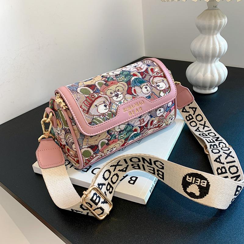 Beibaobao Cartoon Bear Contrast Messenger Bag - 2024 New Fashion Shoulder Bag for Women