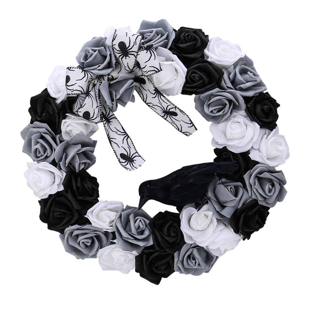 Halloween Wreath Gothic Garlands Front Door Wreath with Black and White Rose Crow Decorative Wreath For Wall Decoration