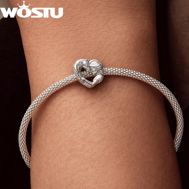 WOSTU Solid 925 Silver Lovely Girl & Horse Charm Heart Guardian Pendant Fit DIY Bracelet Necklace Heart Jewelry Series