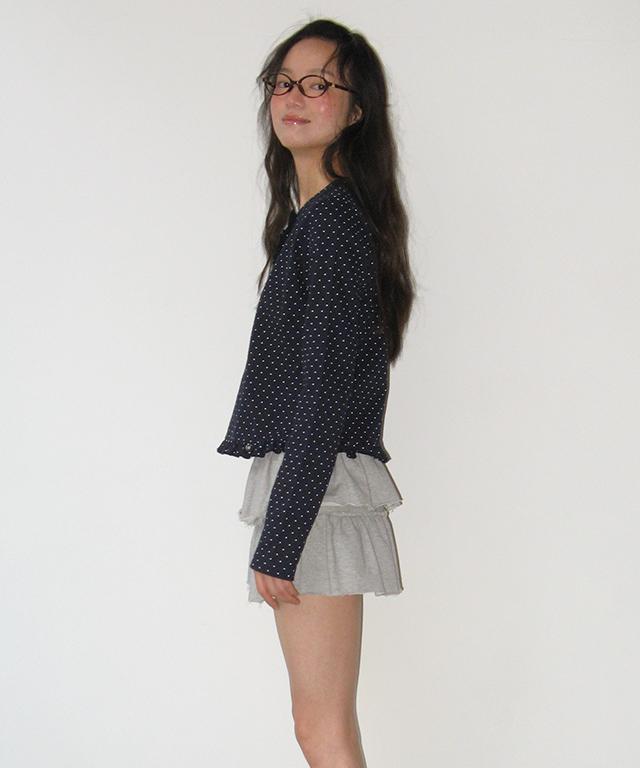 RONRON Dot Ruffle Long Sleeve T Shirt Navy