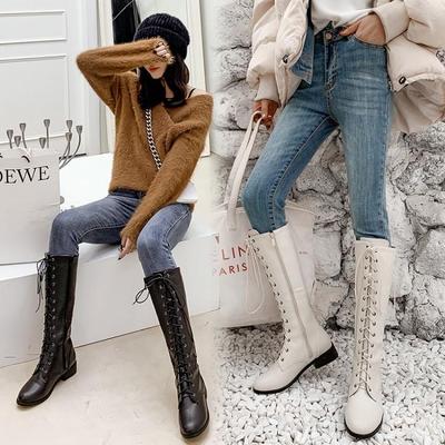 Осень и зима европейские и американские рыцарские сапоги новые одинарные сапоги высокие женские сапоги низкий каблук мягкая кожа шнуровка полусапоги толстый каблук женские