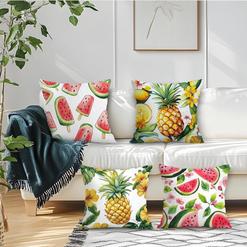 4Pcs Summer Fruit Print Single-Sided Cushion Cover For Living Room Bedroom Car Home Decor