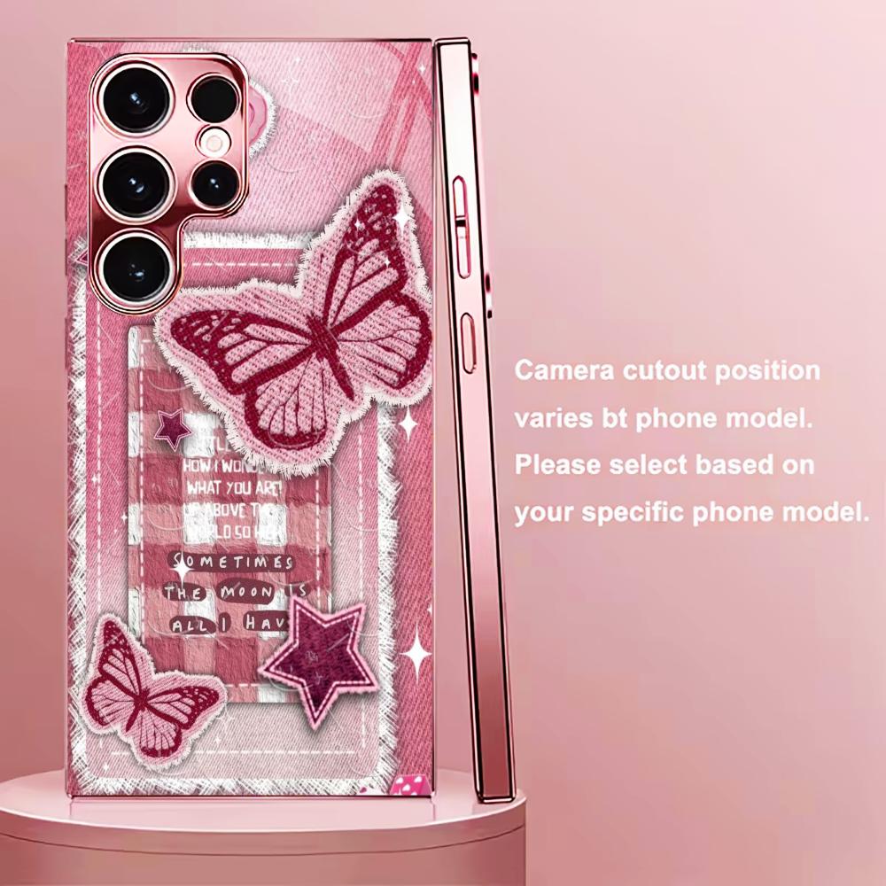 Pink butterfly sticker Madam pink  Glass  PhoneCase for Samsung Galaxy S26 S25 S24 S23 S22 FE Ultra Plus Dropresistant Female
