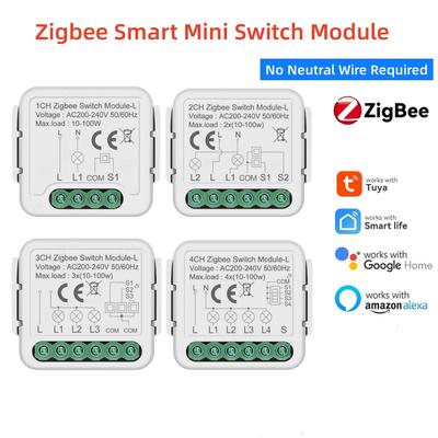Tuya Zigbee Умный Мини-модуль переключателя Реле Без нейтрального провода 1 2 3 4 Клавиши Двухстороннее управление Работает с Alexa Google Home