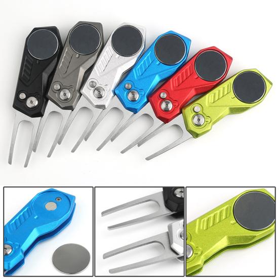 Golf Divot Repair Tool Foldable Heavy Duty Magnetic Ball Marker Sharp Button Stainless Steel Golf Putting Green Fork Golf Accessories